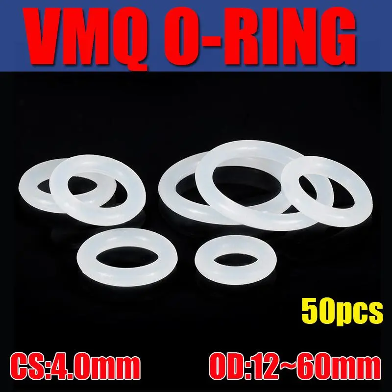 50pcs VMQ O Ring Seal Gasket Thickness CS 4mm OD12 ~ 60mm Silicone Rubber Insulated Waterproof Washer Round Shape White Nontoxic
