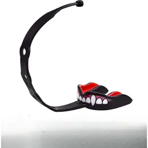 Strapped Mouth Guard for Football, Lacrosse, Ice Hockey, Taekwondo (USA Flag, Fangs, 15+ Colors to Choose from) - Sports Mouthguard with Fixed Strap (Strapped, Youth or Adult)