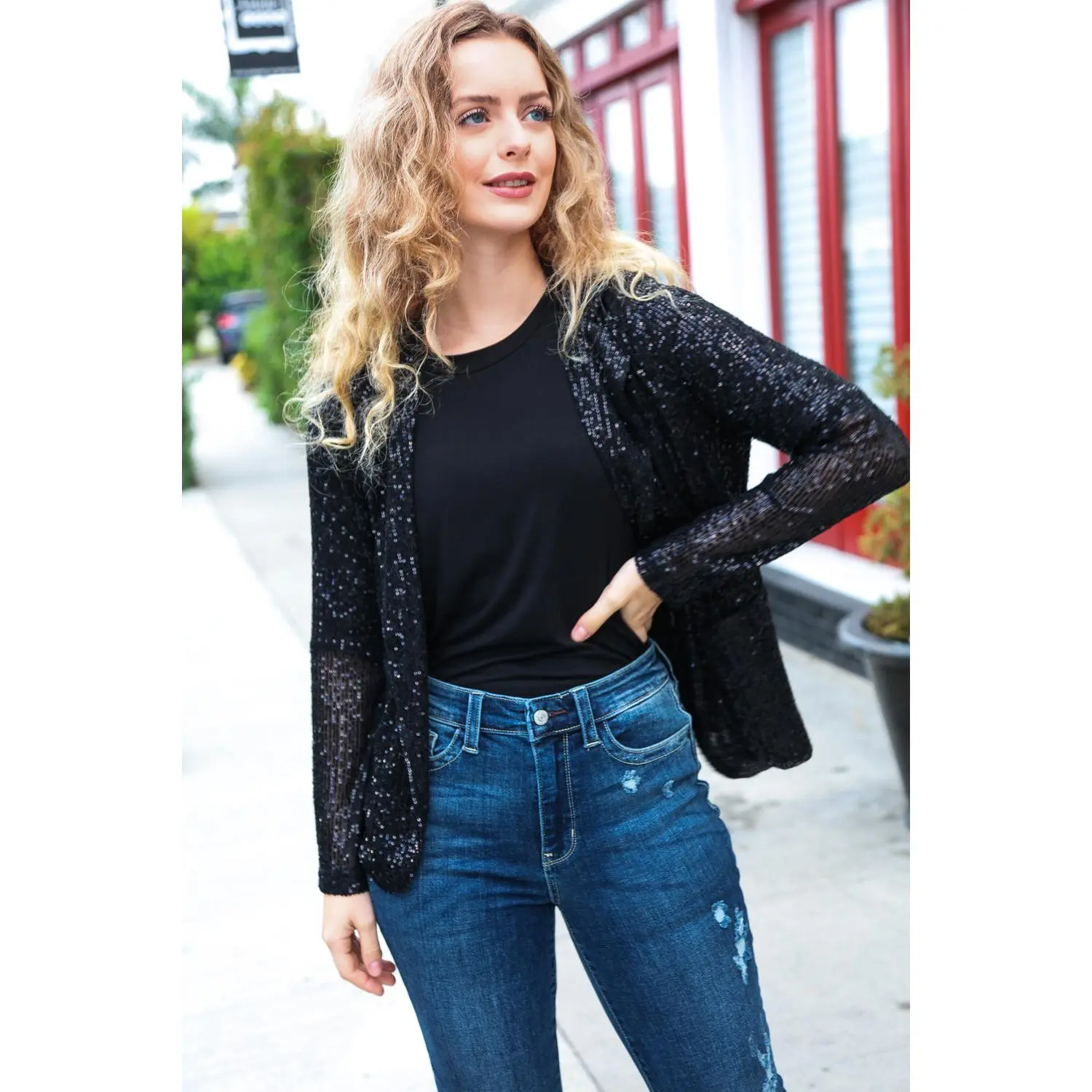 Be Your Own Star Black Sequin Open Blazer