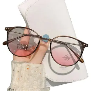 Anti-Blue Light Plain Glasses Ultra-Light Blush Cold Brown Color Korean Anti Radiation Eyeglasses Round Metal Frame, Cold Brown Tint, Pc Lenses