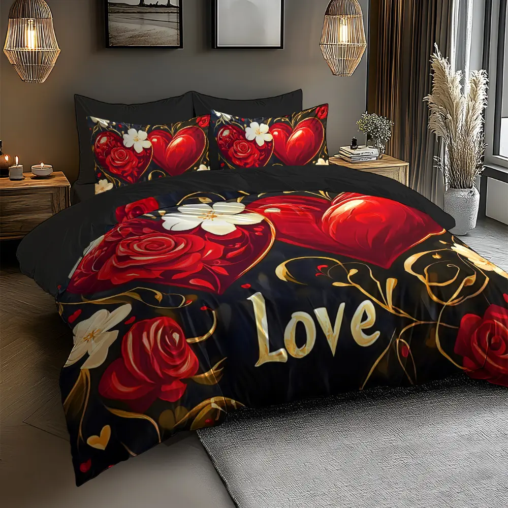 3-Piece Digital Print Decorative Bedding Set, Romantic Deep Rose Heart Pattern, Full Polyester Brushed Fabric, Includes Sheet and Pillowcases, Decorative Bedsheet Sets