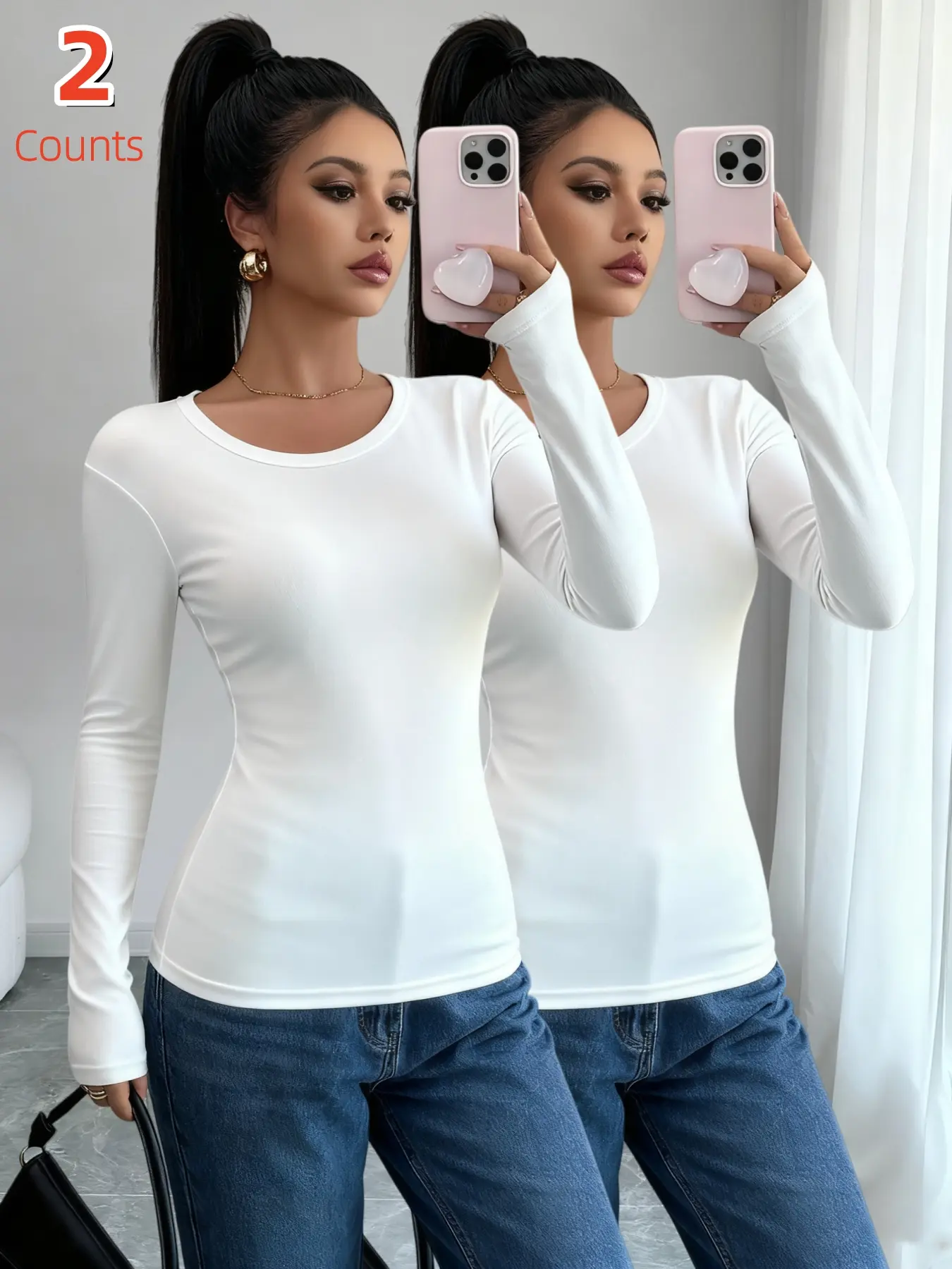2-Pack Women's Running Long-Sleeve T-Shirt - Moisture-Wicking, Soft & Slim-Fitting Crew Neck Base Layer for Running & Fitness, Dry Fit Shirts Activewear Workout T Shirts