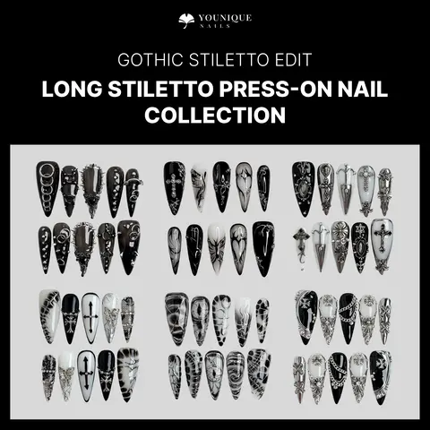 Younique Nails Gothic Halloween Collection Handmade Reusable Luxury Acrylic Press-On Nails Kit - Salon Quality, Short Stiletto Shape, Nude French Design with Floral Details, Eye Embellishments, Mixed Multi Pearls, Jewels, Week-Long Wear for Holiday Days