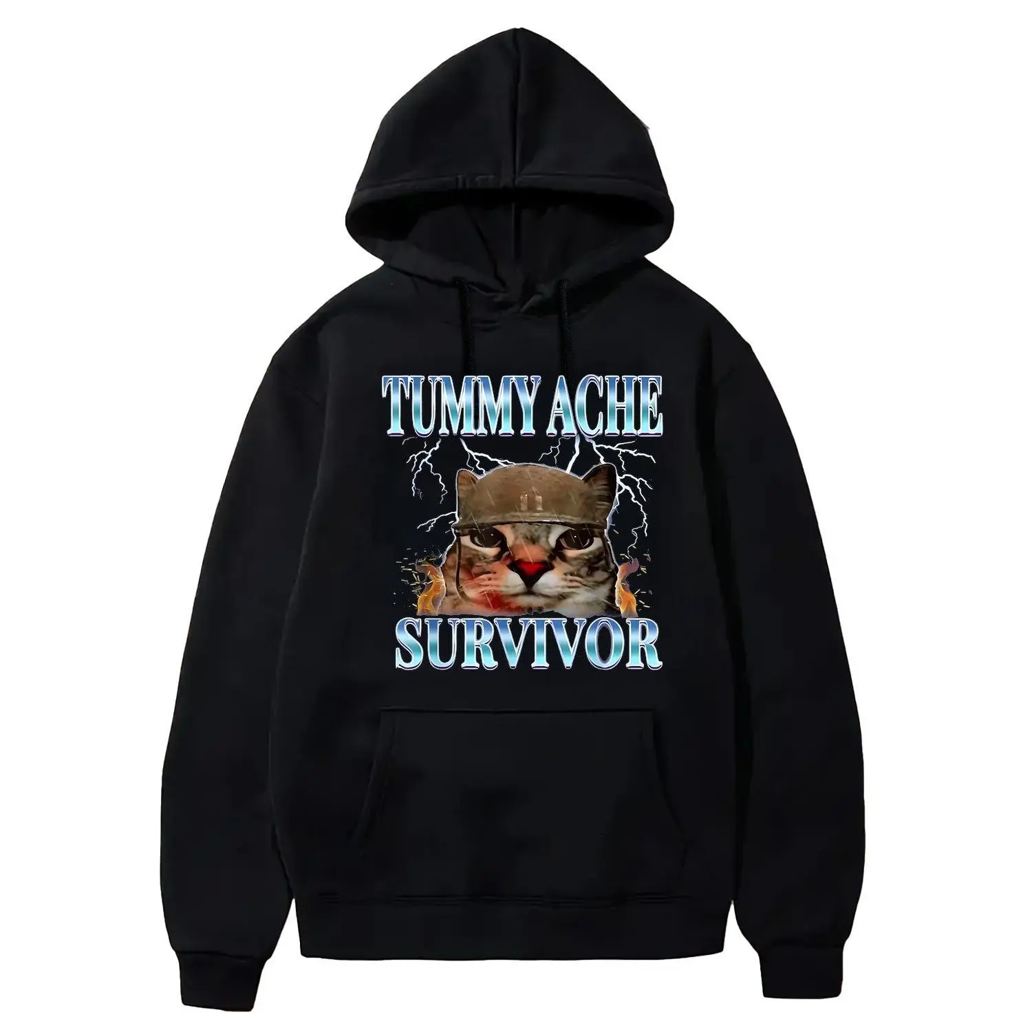 Men's Hoodies Humorous Tummy Ache Survivor Cat Meme Graphic for Adults and Funny Animals Vacation Wear Casual Pullover Sweatshirt Style