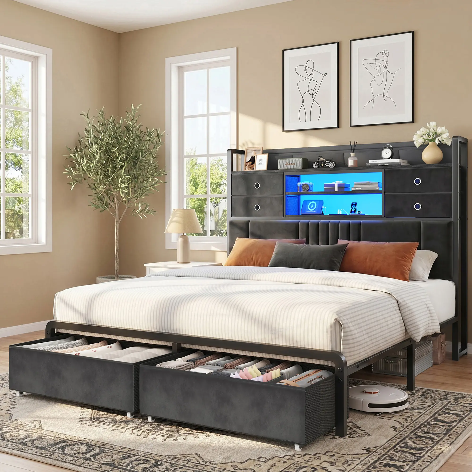 Raybee 53" Tall Bed Frame with 6 Storage Drawers & 3-Tiers Bookcase, Velvet Upholstered Platform LED Bed Frame with Charging Station on Padding Headboard for Compact Apartment Dorms, No Noise 880LBS Weight Capacity, No Box Spring Needed, Full Queen King