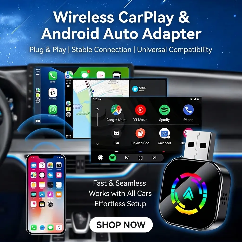 2-in-1 Wireless CarPlay & Android Auto USB Adapter, Plug and Play Wireless Dongle for Factory Wired CarPlay Cars, Stable Fast Connection with RGB Color Light, Compatible with iPhone & Android Smartphones