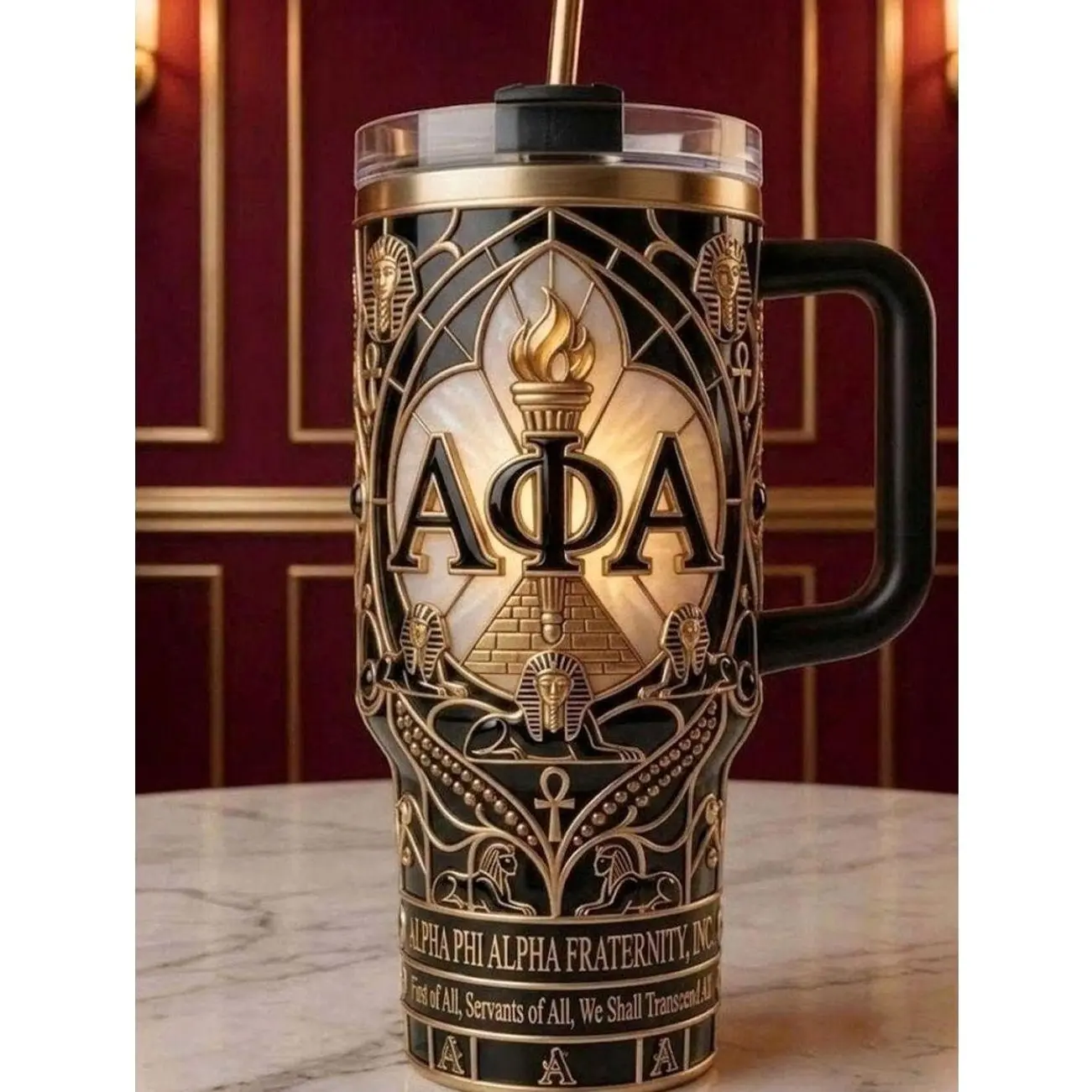 Alpha Phi Alpha 40oz Tumbler with Handle | Custom AFA Fraternity Gifts | Premium Black & Gold Insulated Travel Mug with Straw
