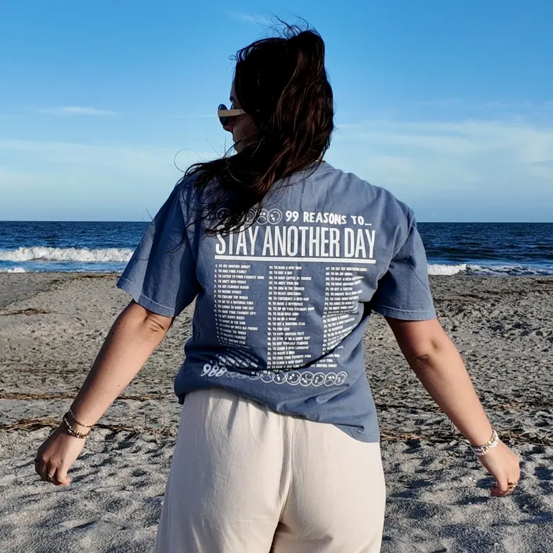 Stay Another Day Unisex Premium Mental Health Awareness 99 Reasons T-Shirt - Menswear Campaign Tee, Trendy Graphic Shirts, Graphic Tops, Blue Jean-Friendly, 3XL Streetwear Everyday Top