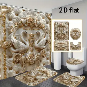 Love Swan 2D Flat Print Shower Curtain Set 4pcs with 12 Hooks Non Slip Mat Toilet Cover Rug for   71"x71" Comfortable Bath Mat U Shaped Mat Toilet Seat Cushion valentine's  day   bathroom decor Decoration Restroom