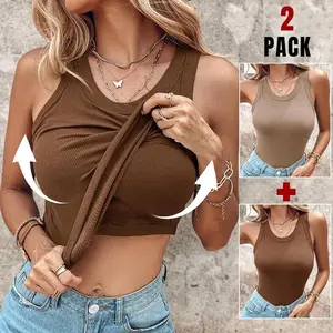 EssElegance Ribbed Workout Tank Tops Women Built-in Bra Racerback Scoop Neck Athletic Yoga Top Slim Fit Seamless Activewear Summer Gym Fitness Camisole