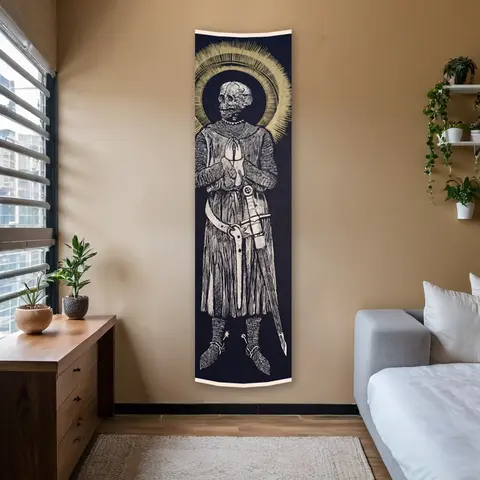 Skeleton Knight Vertical Banner Tapestry Wall Hanging Medieval Sword Long Narrow Wall Tapestry Dark Black Golden Art Tapestries Home Decor Enthusiasts Polyester Stitched Edges Wall Decor, Durable Decorative Tapestry Tapestry Room Decor Decoration