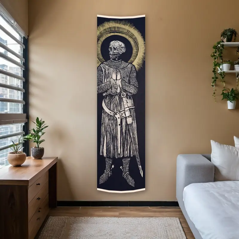 Skeleton Knight Vertical Banner Tapestry Wall Hanging Medieval Sword Long Narrow Wall Tapestry Dark Black Golden Art Tapestries Home Decor Enthusiasts Polyester Stitched Edges Wall Decor, Durable Decorative Tapestry Tapestry Room Decor Decoration