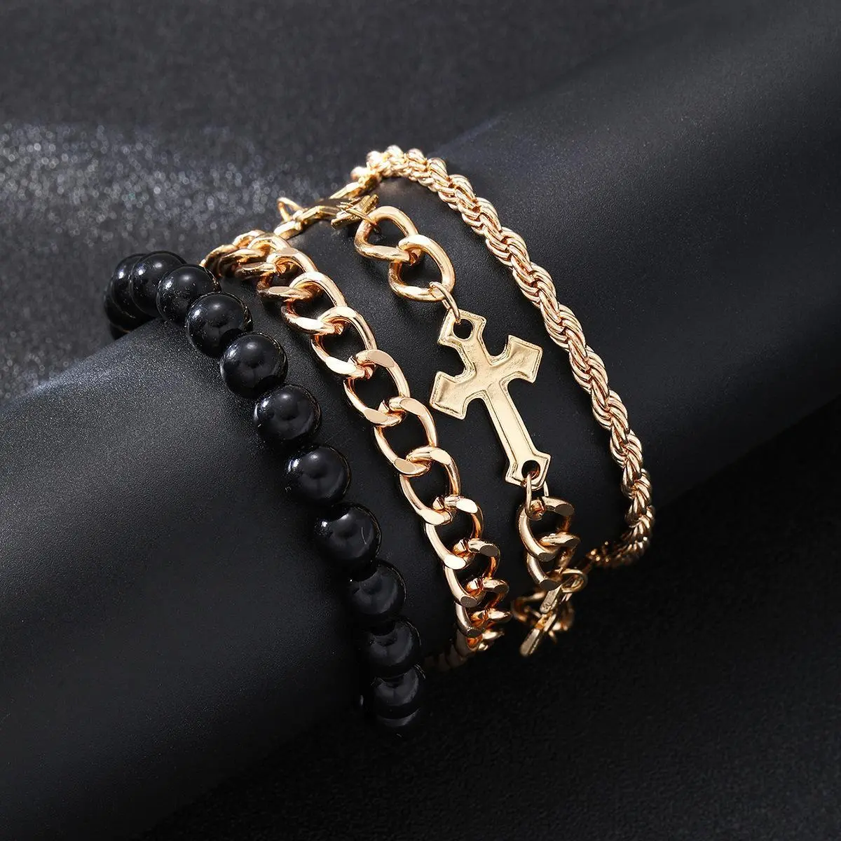 Gold Chain Bracelet with Black Beads and Cross Pendant for Men's Fashion Accessory