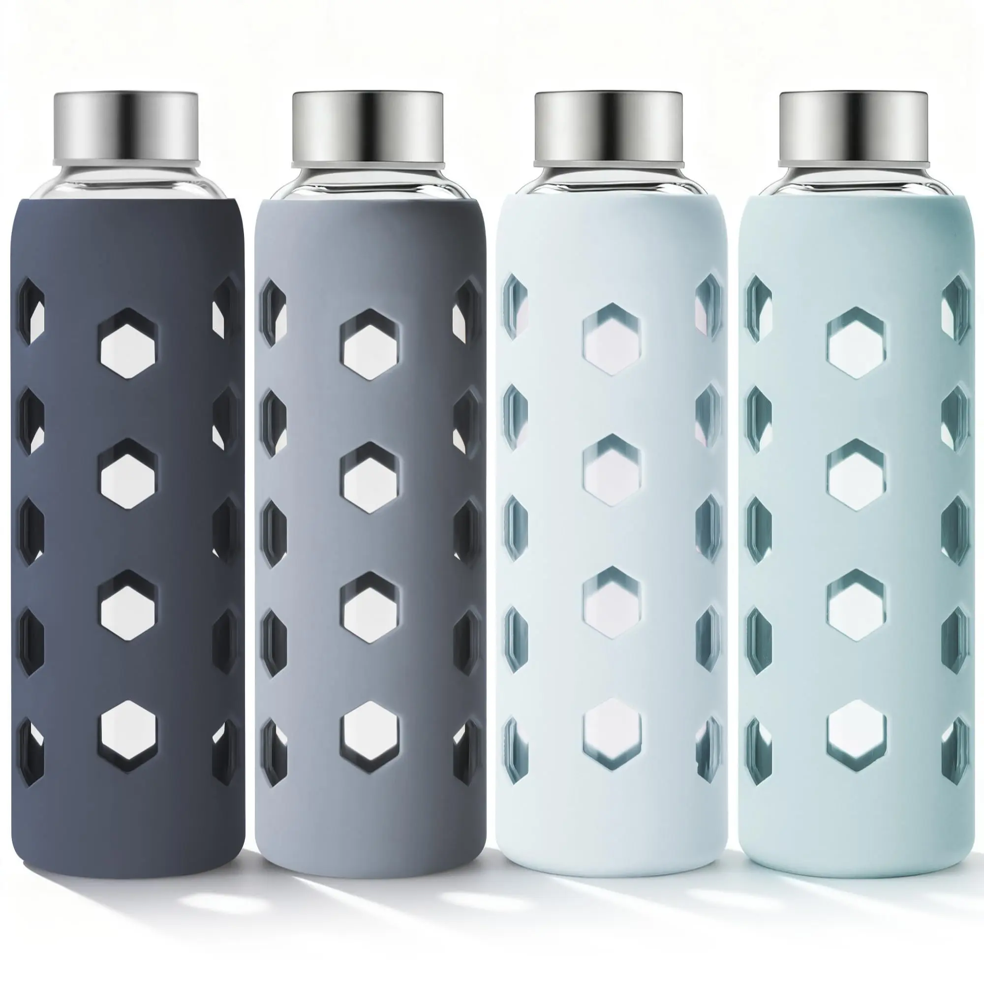 4 Pack Glass Juice Bottles with Lids & Silicone Sleeves | 18oz Reusable Glass Water Bottles with Airtight Stainless Steel Caps | Leakproof Drinking Bottles for Juice, Water, Smoothies & Travel