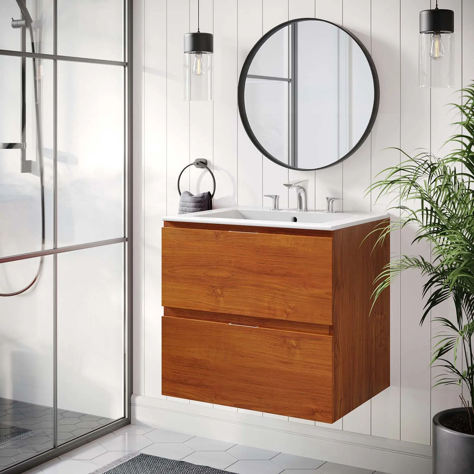 Modway Scenic 24" Wall-Hanging Wood Bathroom Vanity Cabinet, Cherry White Modern Drywall-Friendly Assembly-Required 1 Wall-Mount Home Improvement Fixture Cabinet, Cabinets