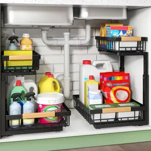 2-Tier Under Sink Organizer with Slide-Out Drawers, Adjustable-Height Pull-Out Cabinet Shelf for Kitchen, Bathroom Storage (Black)
