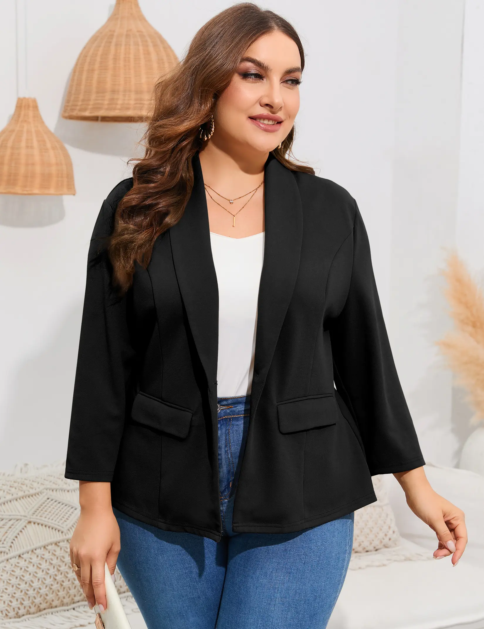 YESFASHION Women's Plus Size Polyester-Spandex Stretchy Blazer - 3/4 Sleeve, Open Front, Flared Ruffle Hem, Pockets, Elegant Style, Easy Matching, 9 to 5 Everyday Casual Ready-to-Wear Jacket XYZ