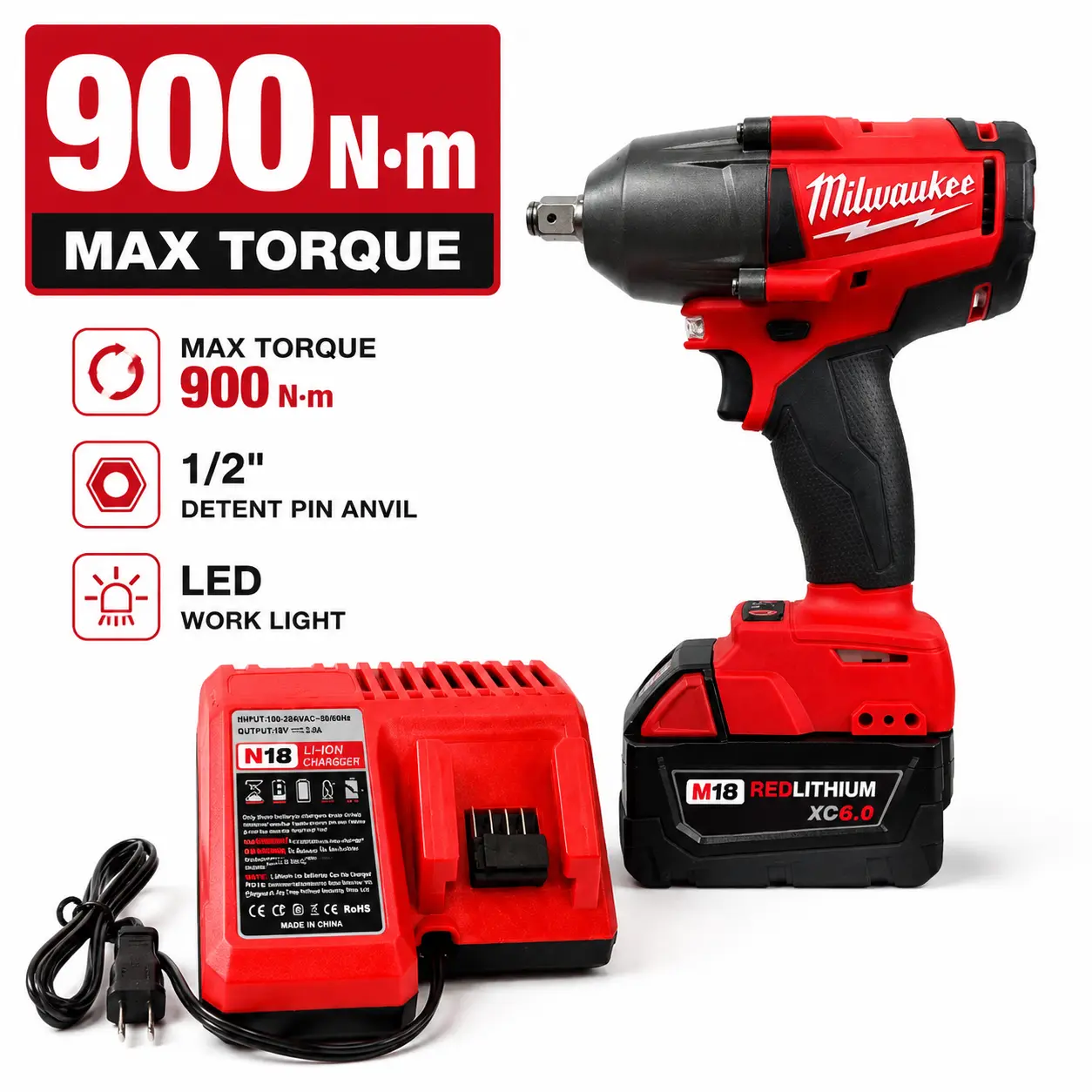 Milwaukee 18V Brushless Impact Wrench, 12.0Ah Battery & Charger Included, 900N.M High Torque Cordless Electric Wrench for Heavy-Duty Hardware Tasks