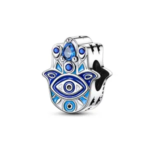 MULA Hamsa Guardian Hands S925 Sterling Silver Pendant with Blue Enamel and Sparkling CZ, Compatible with Pandora Bracelets, Perfect Spiritual Gift for Women and Girls