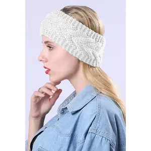 Women's Crochet Cable Knitted Headband Warmer - Bone