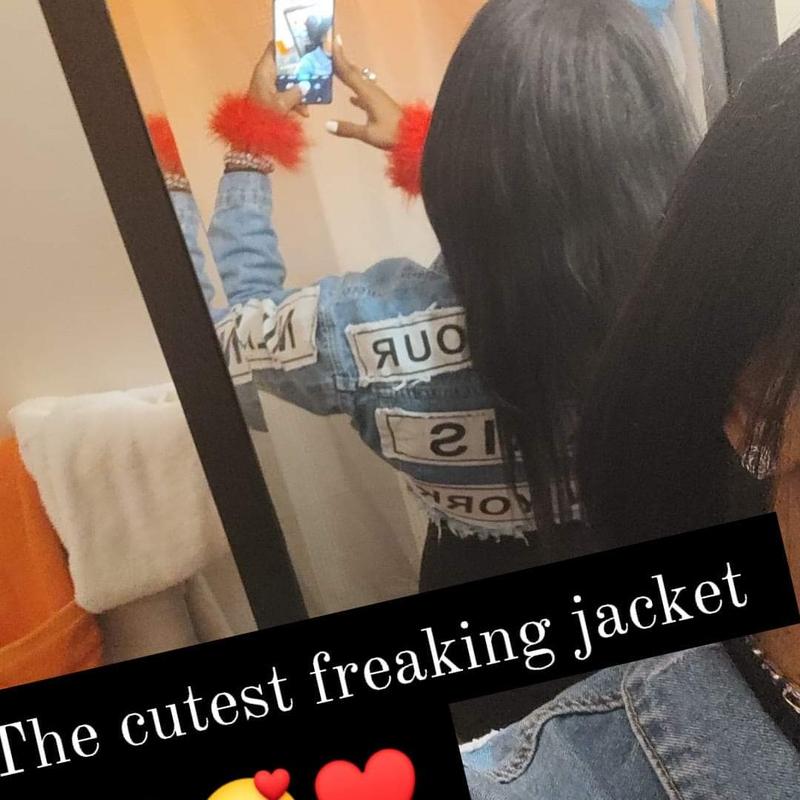 cropped jean jacket with white & black international patches