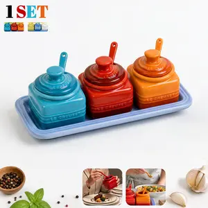 Ceramic Seasoning Jar Set with Lid, Colorful Kitchen Spice Containers with Tray and Spoon, Modern Storage for Salt, Sugar, and Spices