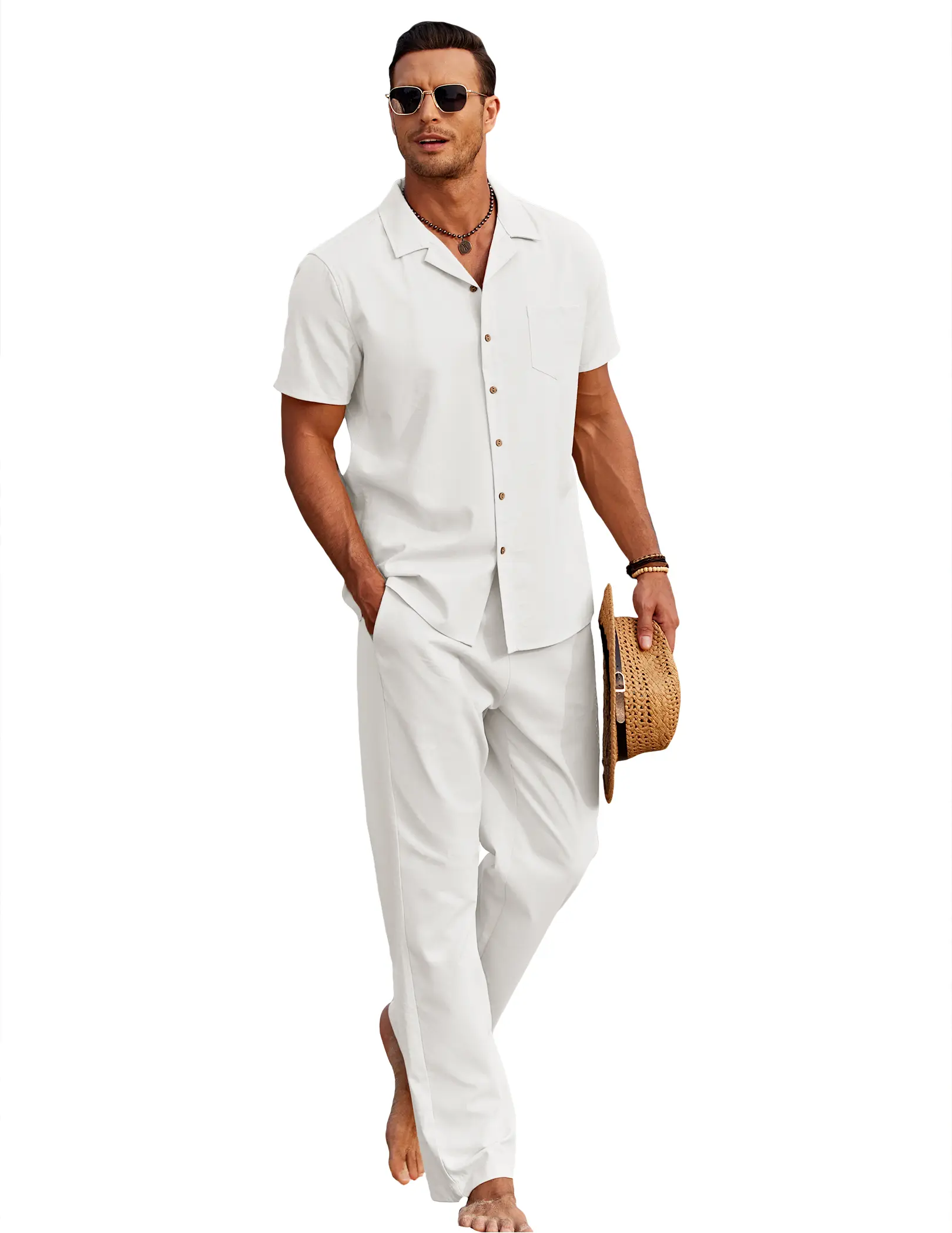 COOFANDY Men's 2-Pack Linen Menswear Clothes Set - Casual Loose Beach Button-Down Shirt & Pant, Retro Style for Birthday Outfits (Pair with Sunglasses), Vintage, Beachwear, Classic, Matching, Long, Trouser, Tropical, Soft, Shortsleeve, Breathable, Pockets