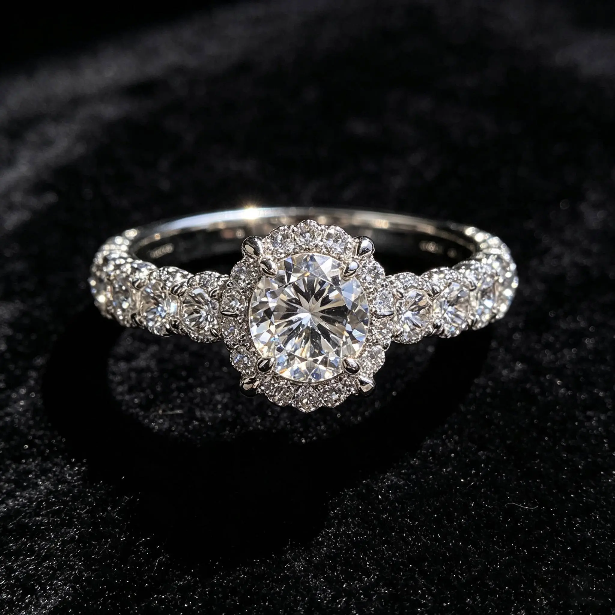 Elegant Diamond Halo Engagement Ring with Sparkling Side Stones and Intricate Design