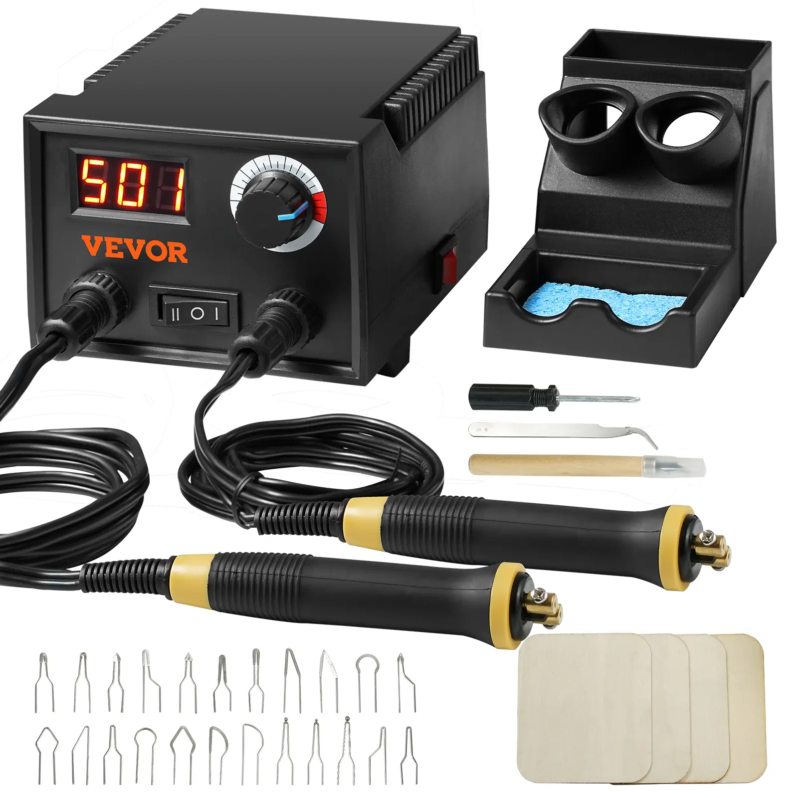 VEVOR Wood Burning Kit, 200~700 ° C Adjustable Temperature with Display, Dual Output Port with 2 Pyrography Pens, 23 Wire Nibs, 4 Wood Chip, 1 Pen Holder, 1 Screwdriver, 1 Knife, 1 Tweezers, 1 Sponge