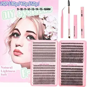DIY Wispy Lash Clusters Kit 9-16mm Mixed-Length Individual Extensions with Tweezers & Glue for Natural Look