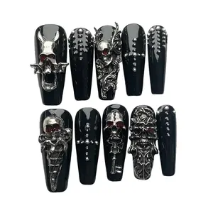 10 PCS Handmade 3D Silver Skull Press On Nails, Halloween Witch Armor Gothic Fake Nails, Long Ballerina Shape, Removable, Nail Art DIY, The set includes storage box, acrylic stick, rubbing strip, jelly sticker