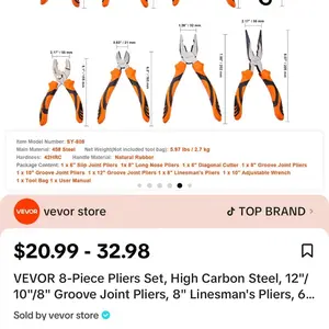 Vevor SY-808 8-Piece Plier Set High Carbon Steel 12"/10"/8" Groove Joint Pliers 8" Linesman's Pliers 6-Piece Tool Kit with Adjustable Wrench
