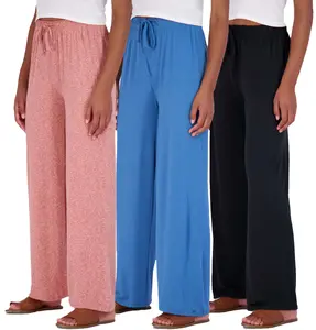 Real Essentials 3 Pack: Women's Wide Leg Palazzo Lounge Pants Drawstring - Loose Casual Pajama Pants (Available In Plus)