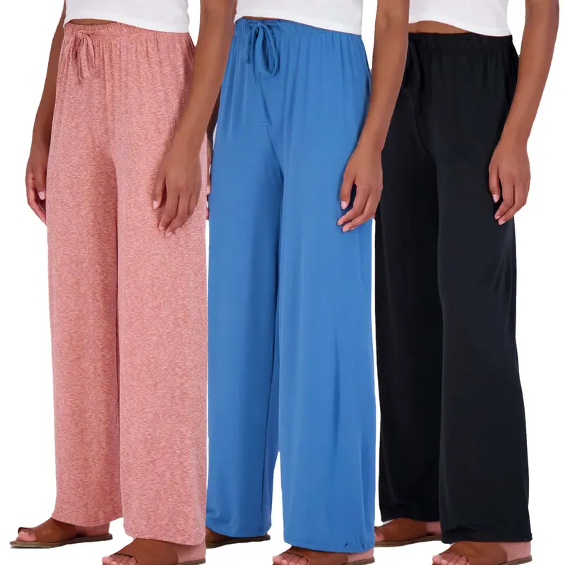 Real Essentials 3 Pack: Women's Wide Leg Palazzo Lounge Pants Drawstring - Loose Casual Pajama Pants (Available In Plus)