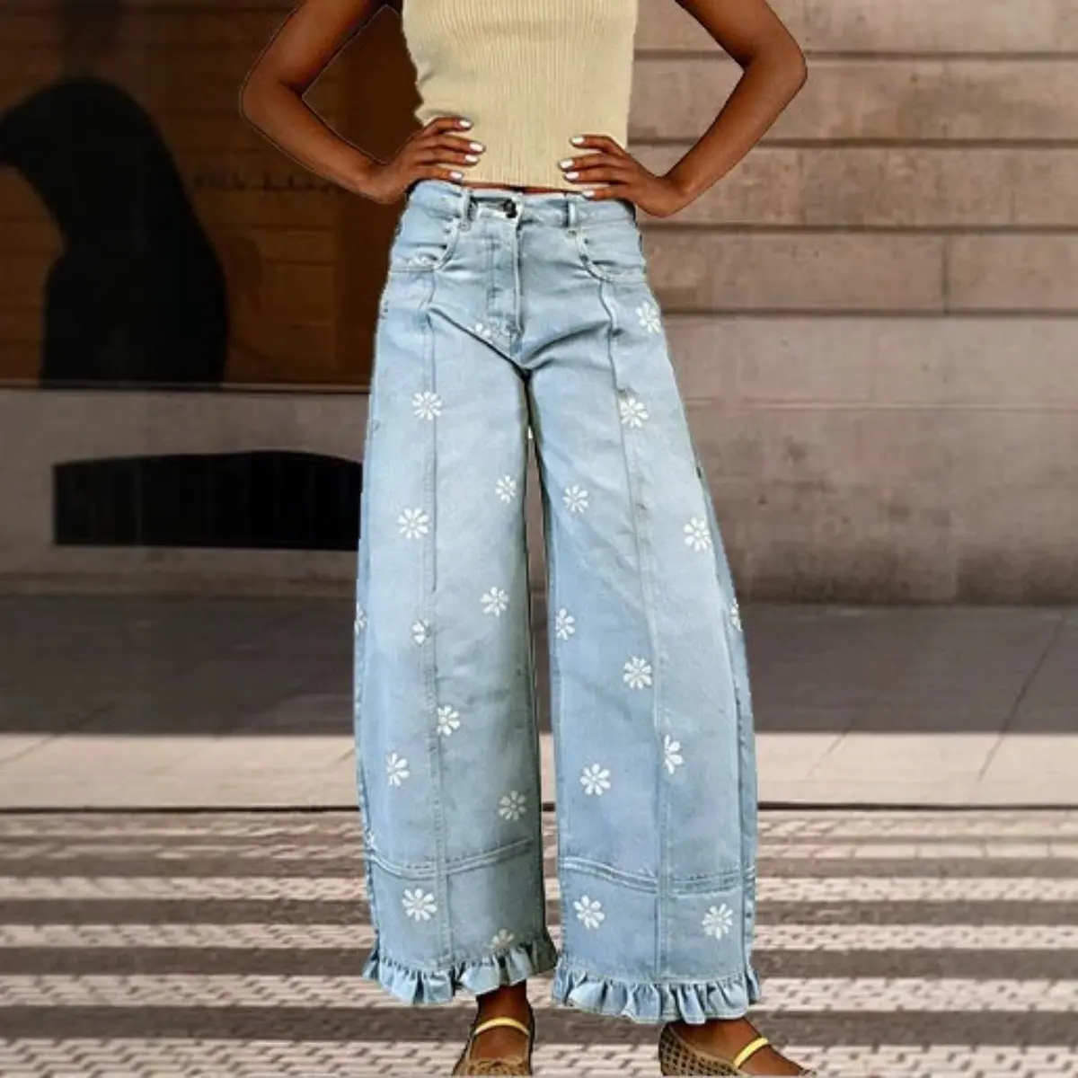 Men's Floral Print Wide‑Leg Jeans, Patchwork Baggy Y2K Vintage Washed Denim Pants