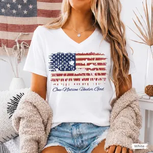 Womens Patriotic V Neck Shirt, One Nation Under God Floral Tee, America 250 Shirt, Fourth of July Wildflower Top,250th Anniversary VNeck Tee
