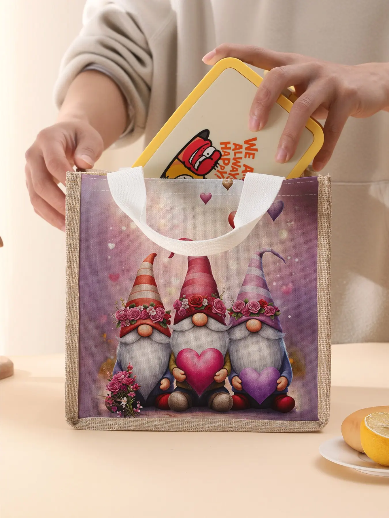 Christmas Gnome Pattern Handbag Lunch Bag, Women's Casual Shoulder Bag, Large Capacity Picnic Food Drink Bag, Valentine's Day Gift