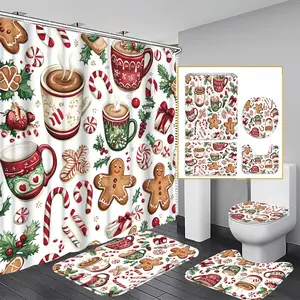 1/3/4PCS Christmas Gingerbread Man & Tree Shower Curtain Set, 71x71 Inches, Includes Background Pattern, Comes with 12 Hooks