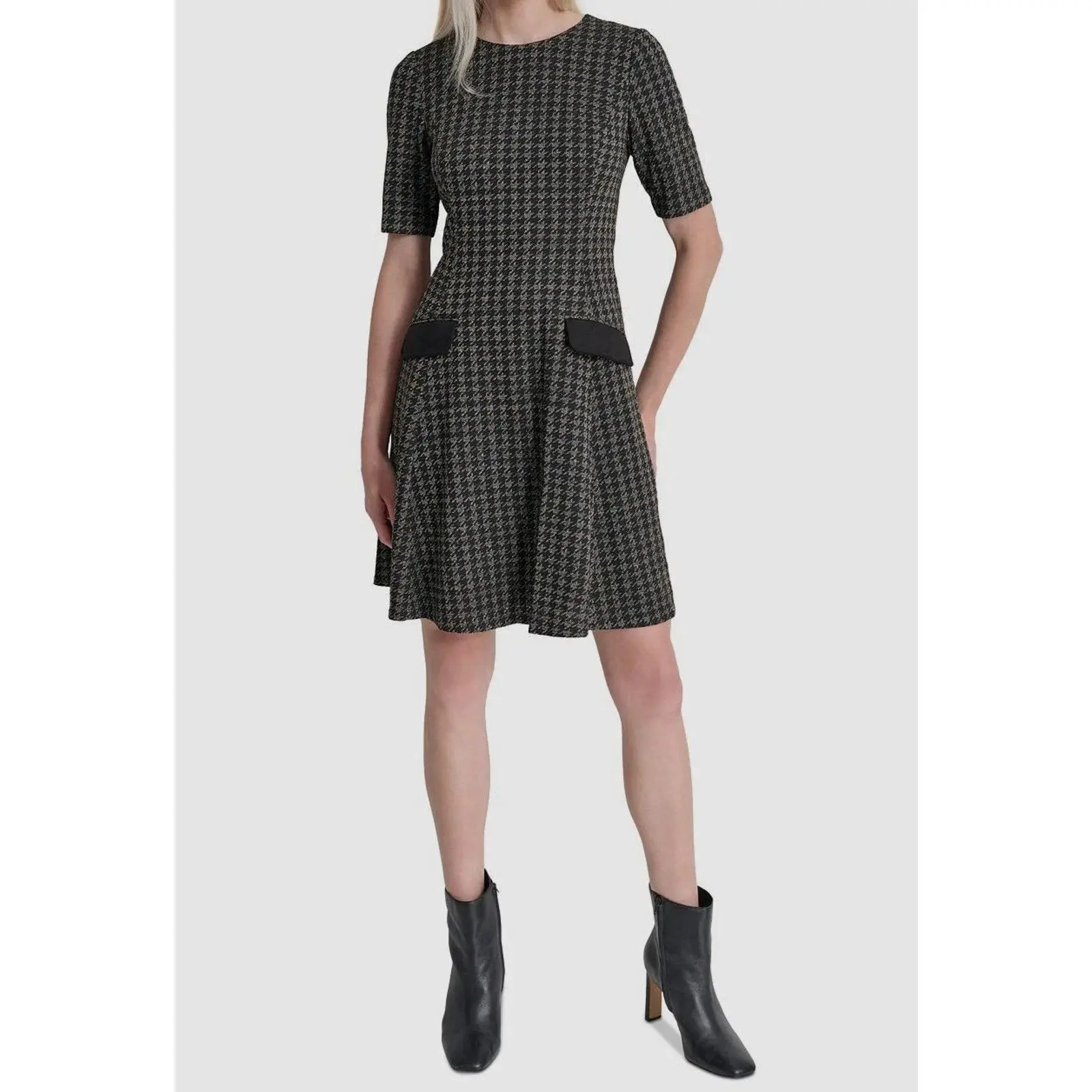 DKNY Women's Black Jewel-Neck Lined Short-Sleeve Fit & Flare Dress Size 14
