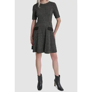 DKNY Women's Black Jewel-Neck Lined Short-Sleeve Fit & Flare Dress Size 14