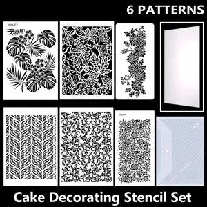 6-Piece Cake Decorating Stencil Set, Leaf & Line Patterns, with Cake Scraper and Storage Bag