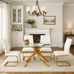 Rectangular Tempered Glass Dining Table For 4-6, Modern 51" Kitchen Table with Golden Metal Legs, Easy Clean & Quick Assembly, Living Room Furniture, Gold