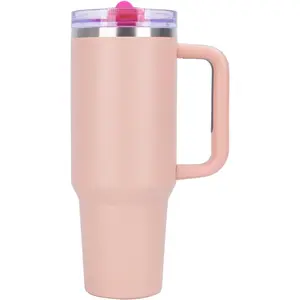Quencher ProTour 40 oz Tumbler with Handle - 100% Leak-Proof Vacuum Insulated Stainless Steel Water Bottle | 2 Lids (Flip Straw & Leak-Proof Lid) for Hot/Cold Drinks (Light pink) Bottled Mug