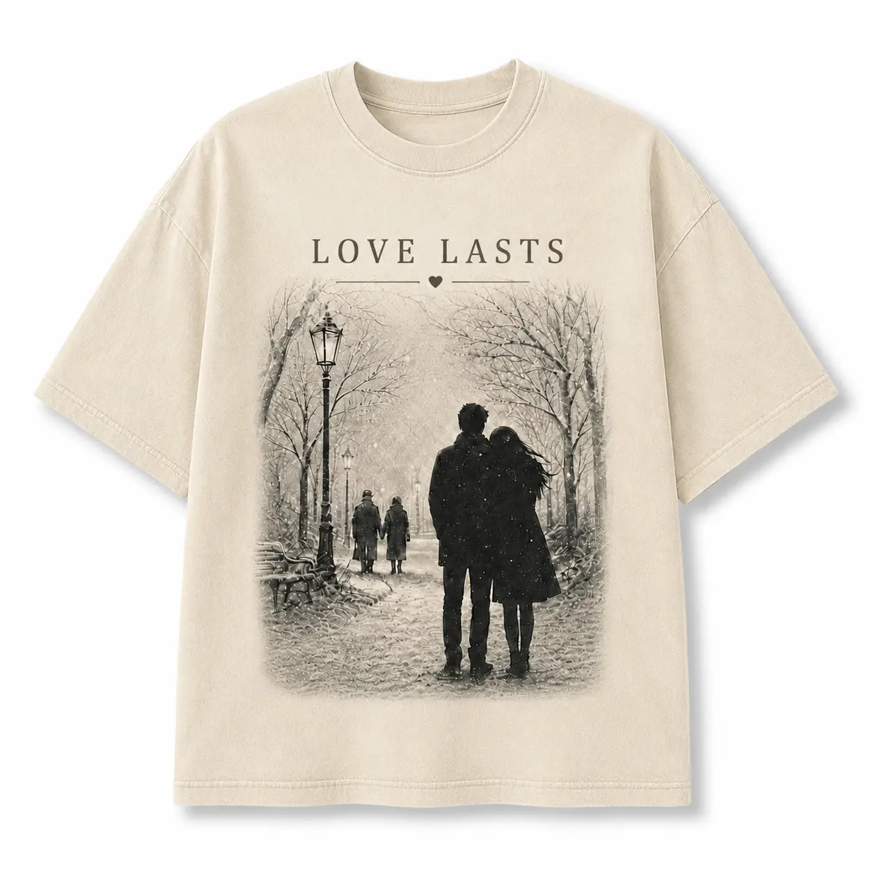 Love Lasts Couple T-Shirt, Romantic Winter Graphic Tee, Vintage Snowy Park Lovers Shirt, Oversized Cream Valentine’s Day Tee, Anniversary Gift for Couples, Husband Wife Boyfriend Girlfriend Gift
