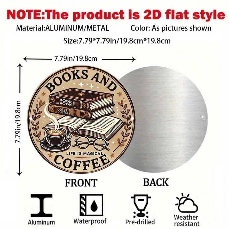 Vintage Book Coffee Life Magic Aluminum Wall Art Sign Round 7.87x7.87 Inch 2D Flat Single Piece with Pre-Drilled Holes for Home Decor