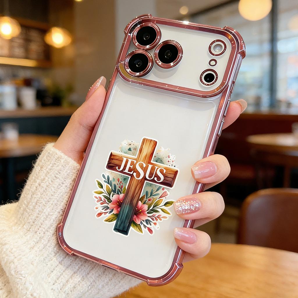 Floral Jesus Cross Phone Case for iPhone 11/12/13/14/15/16/17 Pro Max Plus & 17 Air, Gold Electroplated Religious Christian Cover DDSJ-260407028