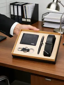 Men's Practical Geometric Gift Set, Includes Wallet Belt Keychain Pen Greeting Card, Business Casual Multi-Occasion, Father Boyfriend Birthday Present, Dad Gifts, Men Gifts, Gift Set Box
