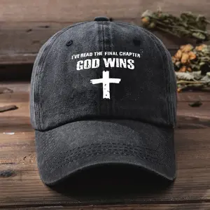 Unisex Cross Letter Printed Wash Baseball Cap - God Wins, Christian Faith Vintage Hat Outdoor Sport Adjustable Sunscreen Leisure Hat Spring Summer Autumn Travel Tourism Beach Vacation