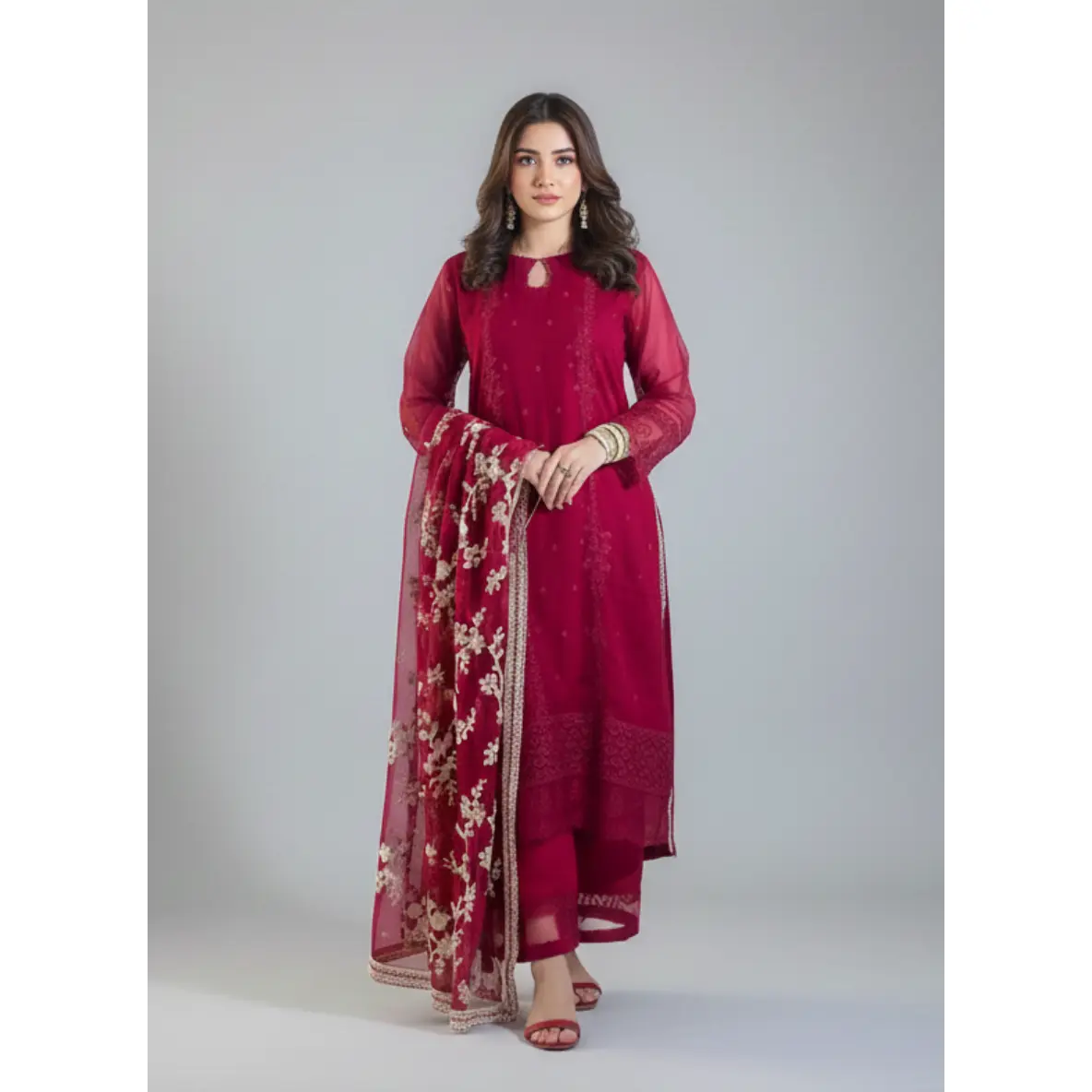 Women's Lady Elegant 3-Piece Crinkle Chiffon Embroidery Dress, Stylish Casual Dresses with Matching Accessories