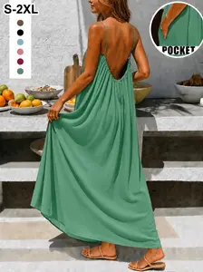 New Women's Backless Loose Fit Home Dress, Sleeveless Long Vestidos De Dormir with Pocket, Multiple Colors & Sizes Available